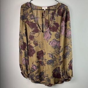 Wilfred Olive Floral V-Neck Blouse with Pink & Burgundy Accents Size S